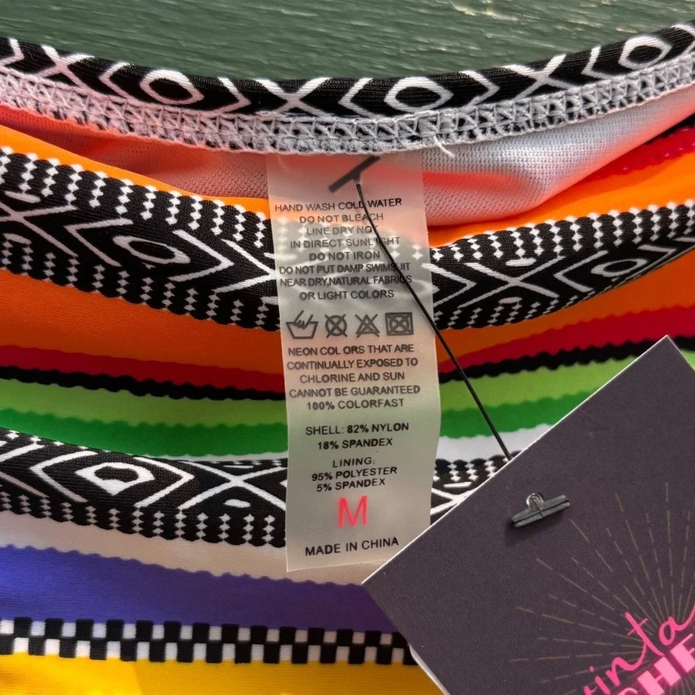 Colorful Stripe Tribal Print Push Up Halter Bikini Set Neon Multi Medium